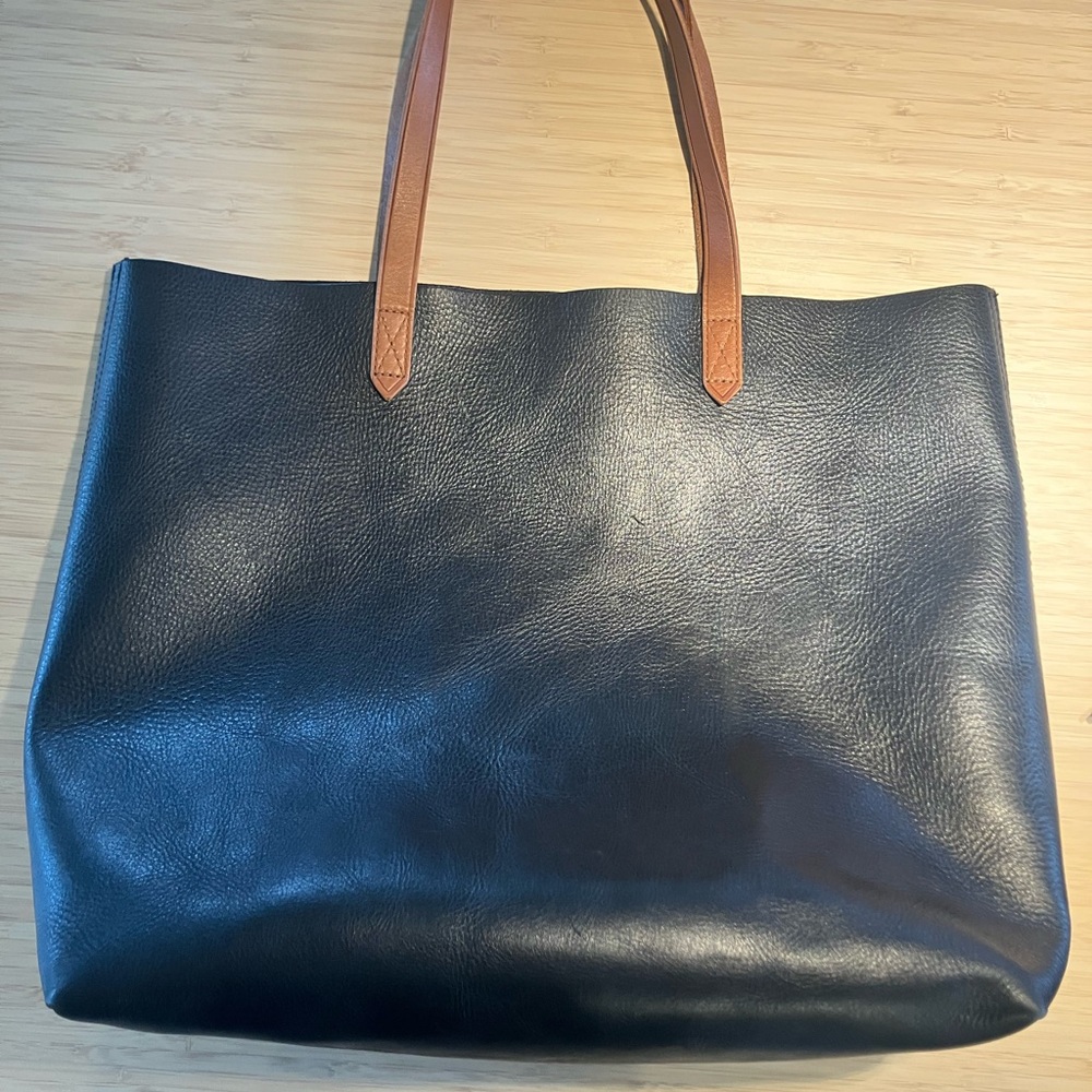 Madewell Black Leather Large Tote Bag with Tan Handles